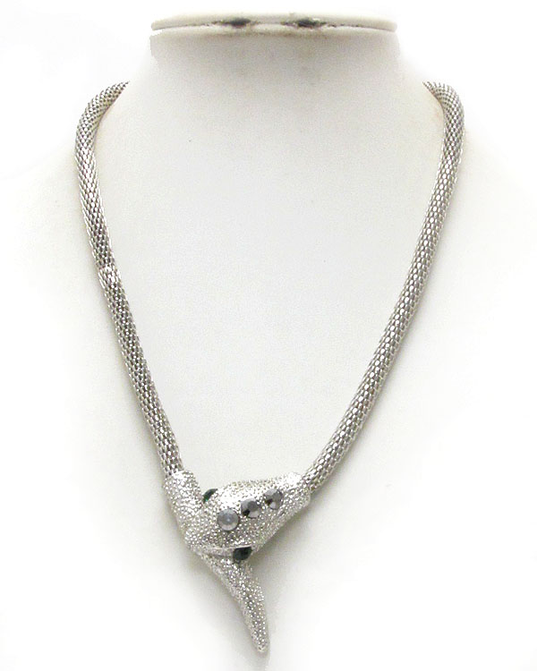 Crystal deco snake head and metal tube chain necklace