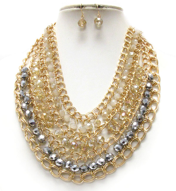 Multi facet glass bead and chain necklace earring set