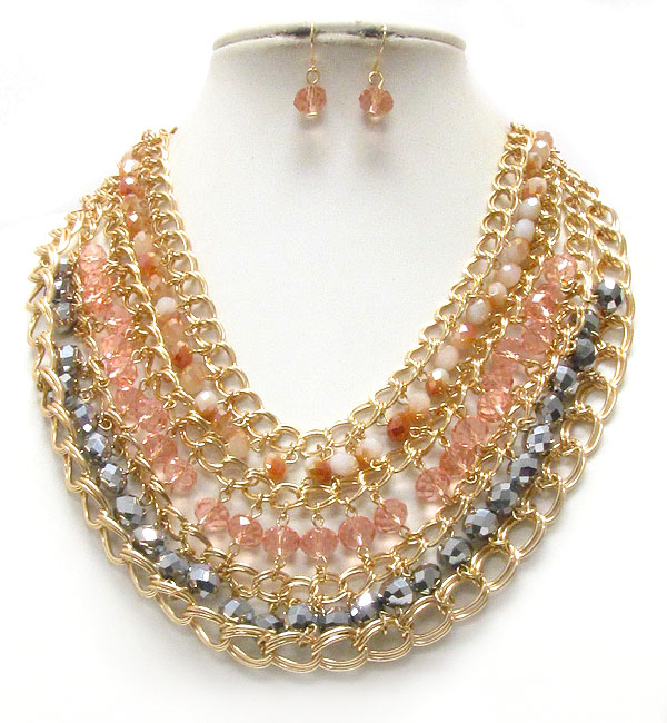 Multi facet glass bead and chain necklace earring set