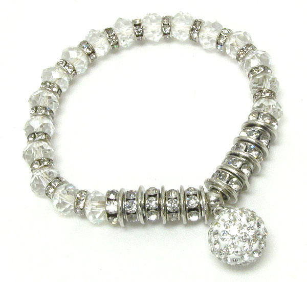 Crystal rondelle and facet glass bead and fire ball dangle stretch bracelet