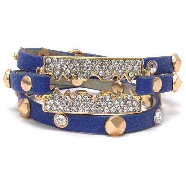 Crystal deco razor and leatherette wrap band bracelet
