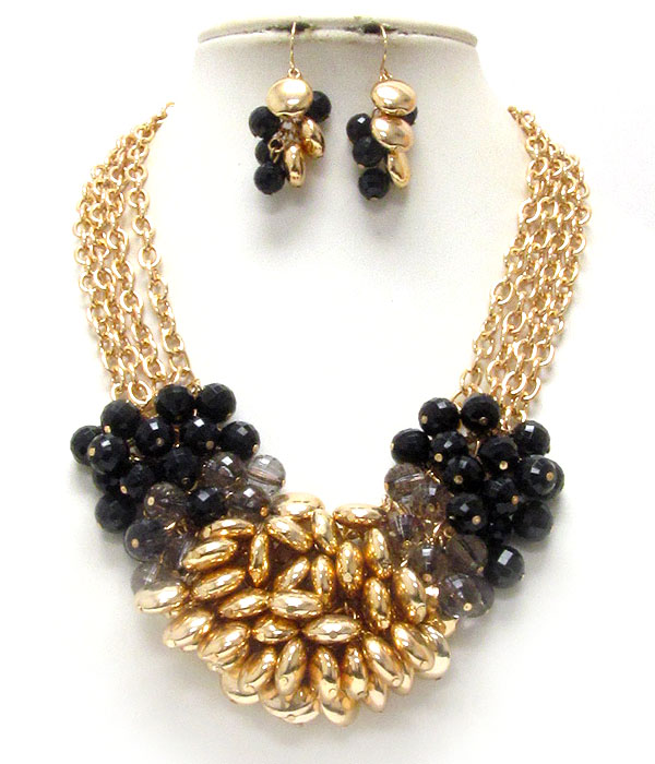 Chunky multi facet acrylic ball and metal chip deco and multi chain necklace earring set