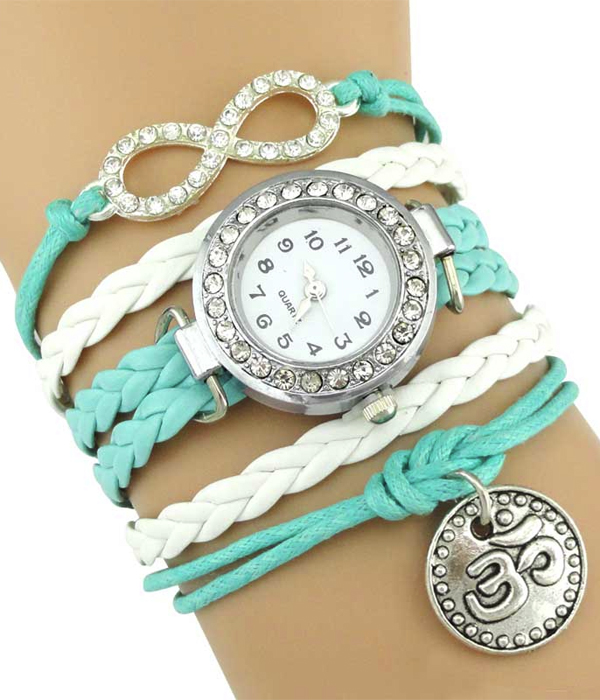 Ohm yoga meditation charm and leather wrap watch