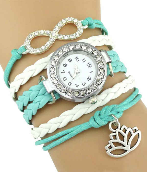 Yoga meditation lotus charm and leather wrap watch