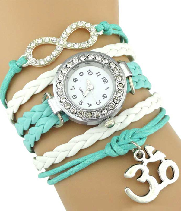 Yoga meditation charm and leather wrap watch