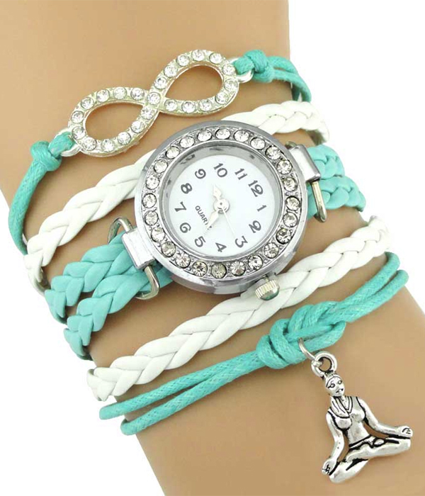 Yoga meditation charm and leather wrap watch
