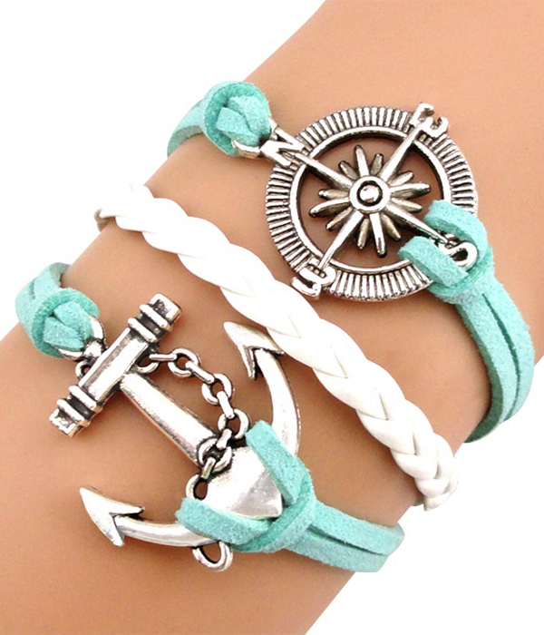 Anchor charm leather wrap bracelet