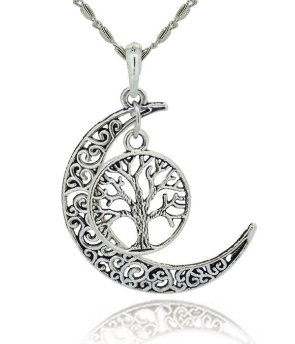 Metal filigree moon and tree of life pendant necklace