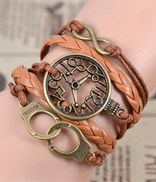 Metal filigree freedom theme leather wrap bracelet