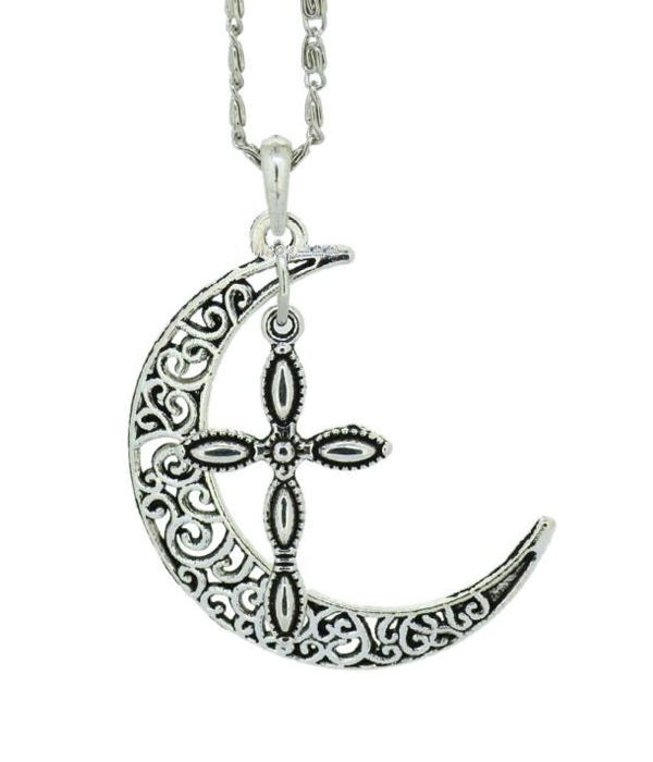 Metal filigree cross and moon pendant necklace