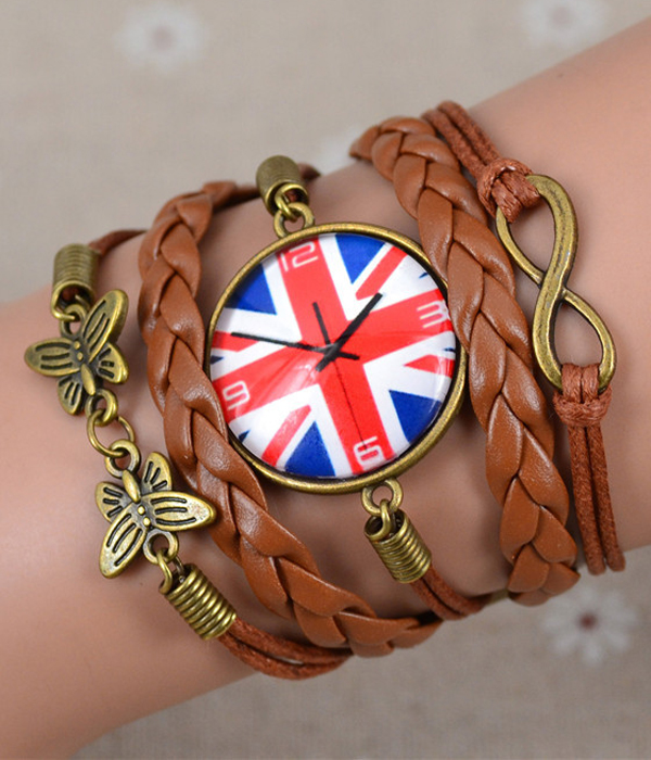 UK FLAG CABOCHON LEATHER WRAP BRACELET