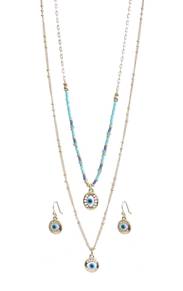 Seedbead double layer evil eye pendant necklace set