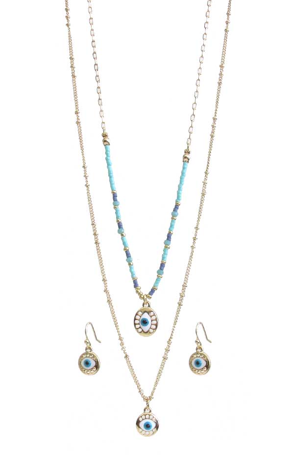 SEEDBEAD DOUBLE LAYER EVIL EYE PENDANT NECKLACE SET