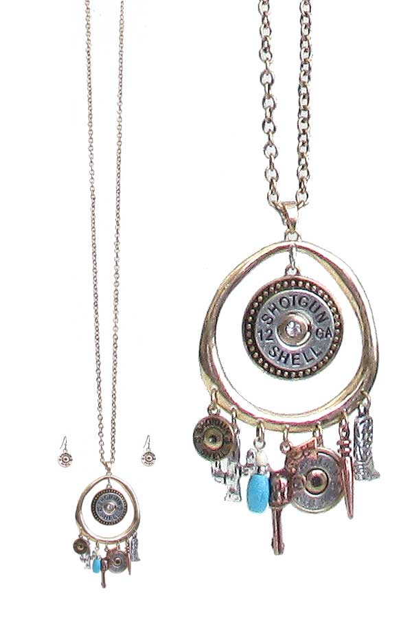 Western style bullet theme charm pendant long necklace set