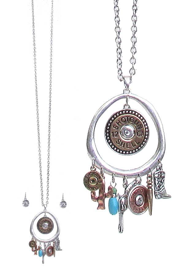 WESTERN STYLE BULLET THEME CHARM PENDANT LONG NECKLACE SET