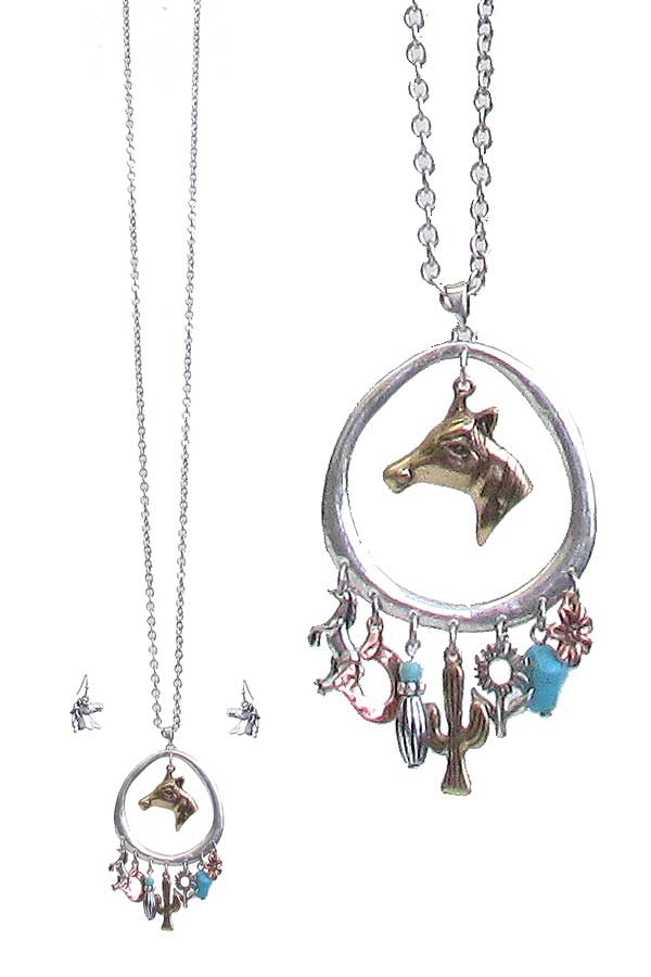 WESTERN STYLE HORSE THEME CHARM PENDANT LONG NECKLACE SET