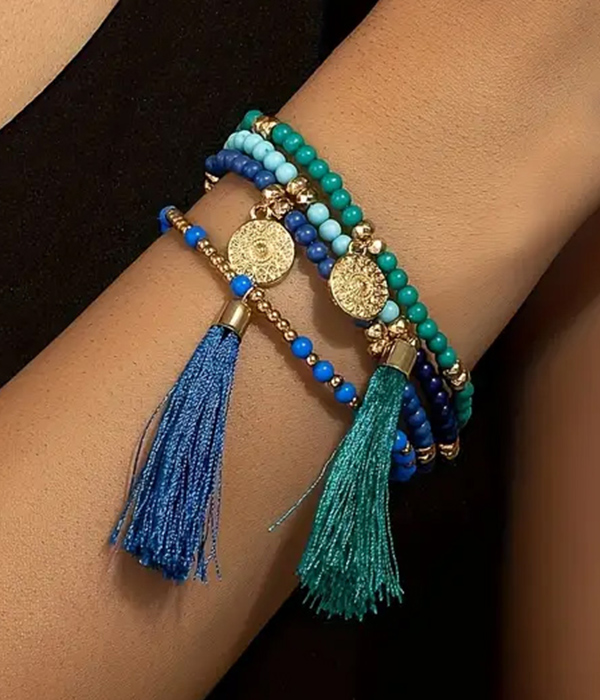 Boho style 4 piece mulit seedbead and tassel stackable stretch bracelet set