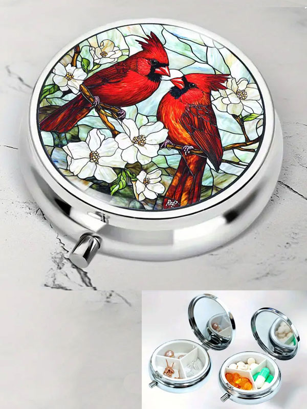 Portable pill box - 3 compartment - bird - cardinal
