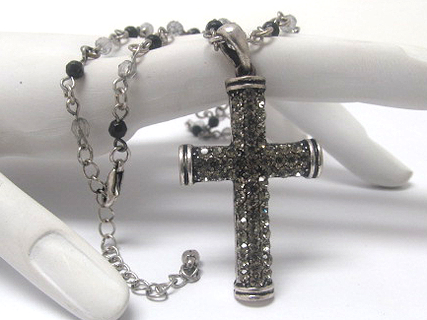 Crystal metal cross and beads chain necklace