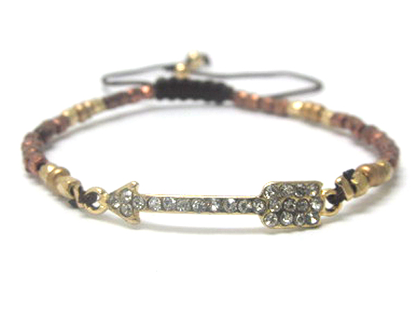 Crystal deco arrow and multi metal seed beads braided cord bracelet