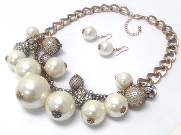 Multi metal crystal fire balls and multi size pearls chain necklace earring set