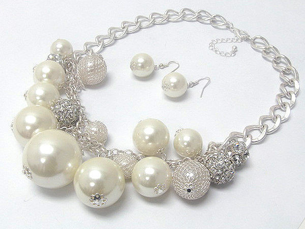 Multi metal crystal fire balls and multi size pearls chain necklace earring set