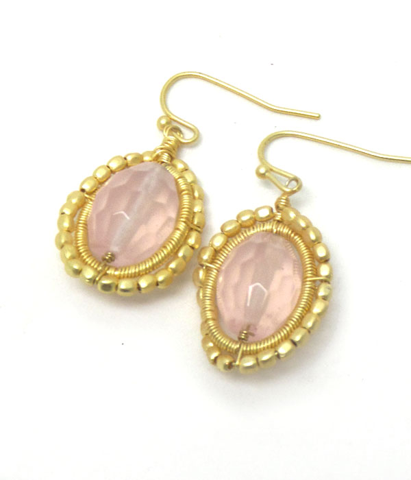 Genuine semi precious stone oval hook earrings - rose quartz