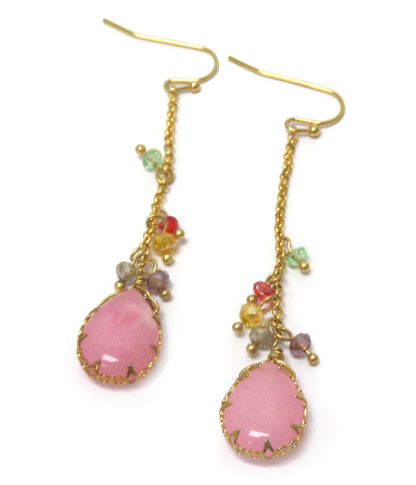 Genuine semi precious stone drop hook earrings - rose quartz
