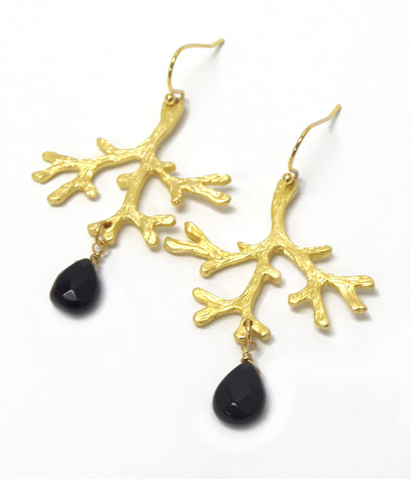 Genuine semi precious stone metal hook earrings- jet