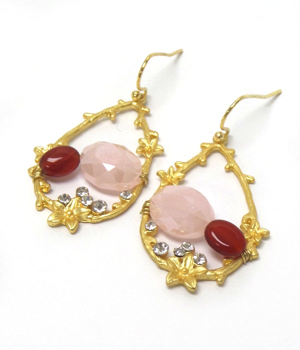 Genuine semi precious stone  oval double stone earrings - pink