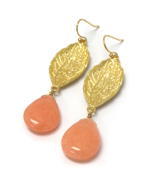 Genuine semi precious stone leaf drop earrings - peach