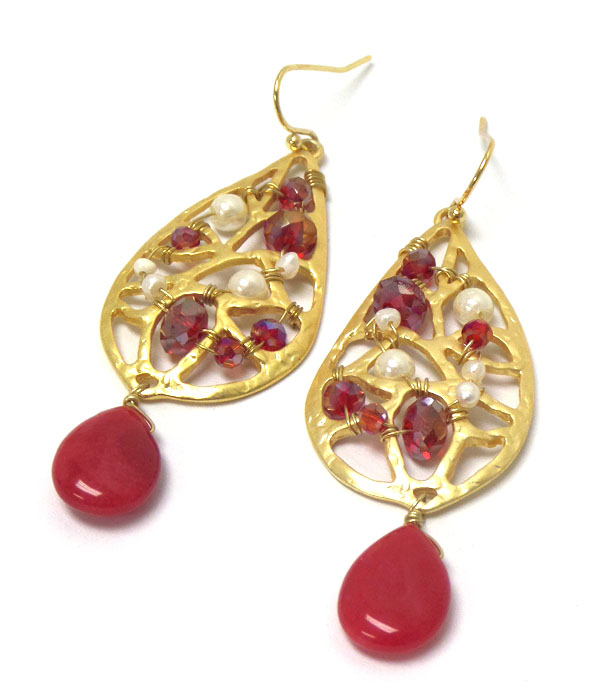 Genuine semi precious stone teardrop earrings - red