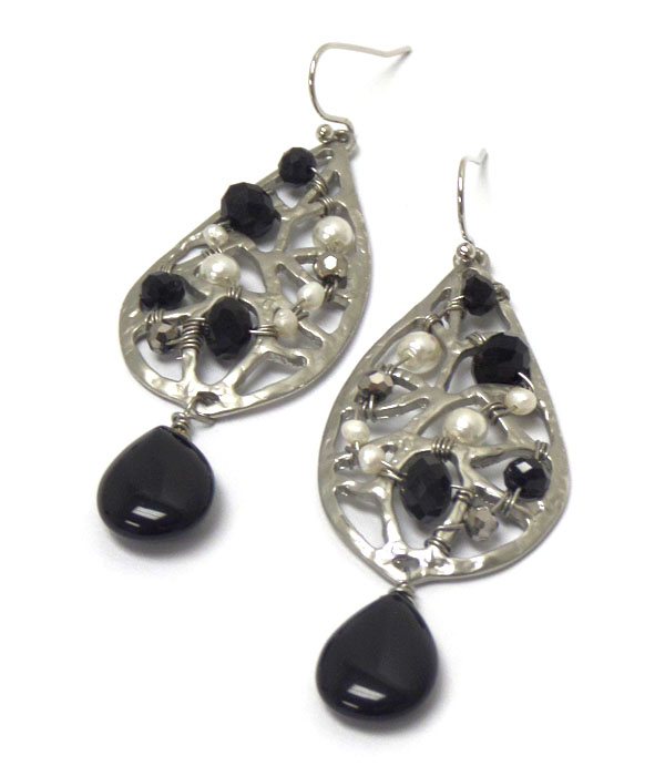 Genuine semi precious stone teardrop earrings - jet