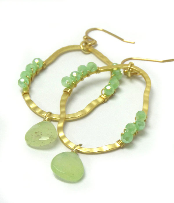 Genuine semi precious stone hoop metal earrings - opal green