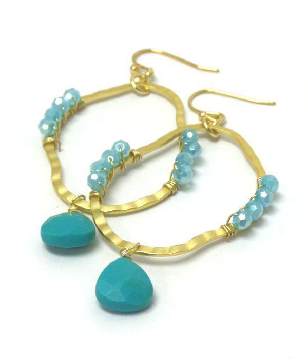 Genuine semi precious stone hoop metal earrings - turquoise