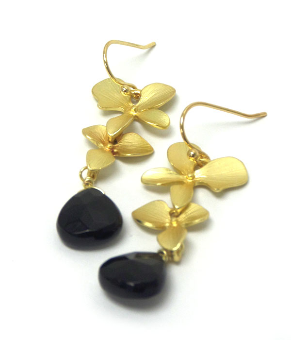 Genuine semi precious stone metal flower drop earrings - jet