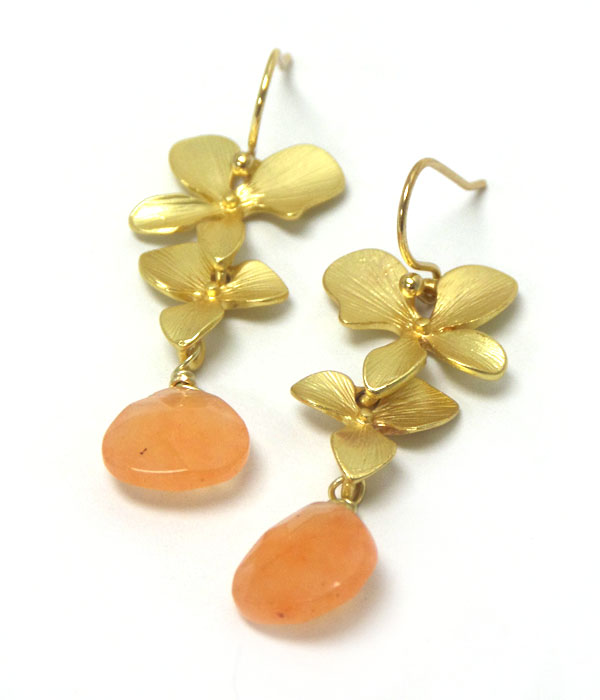 Genuine semi precious stone metal flower drop earrings - peach quartz