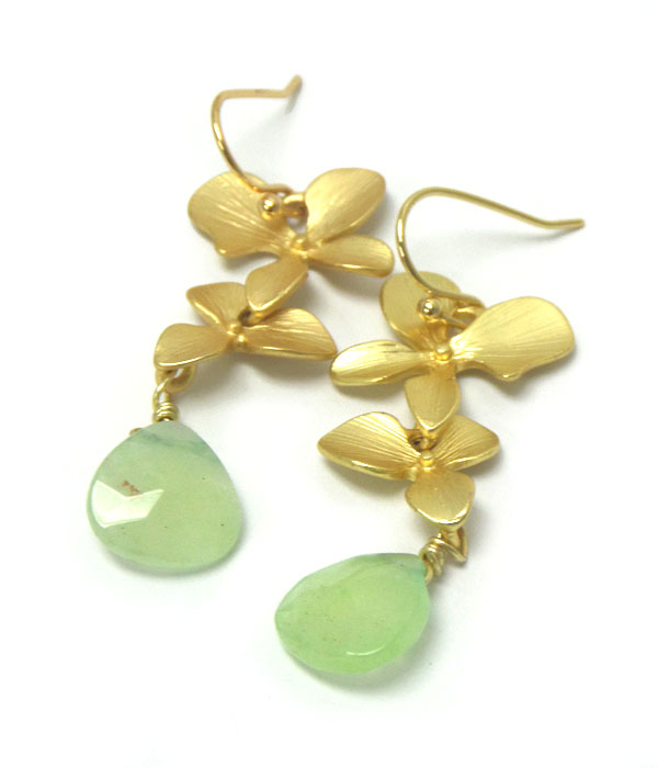 Genuine semi precious stone metal flower drop earrings - opal green