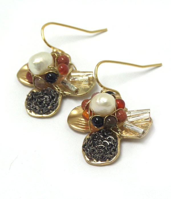 Genuine semi precious stone metal earrings - pearl