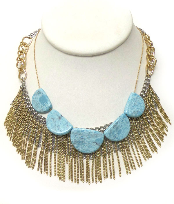Genuine semi precious stone tassel hanging stone chain necklace - turquoise