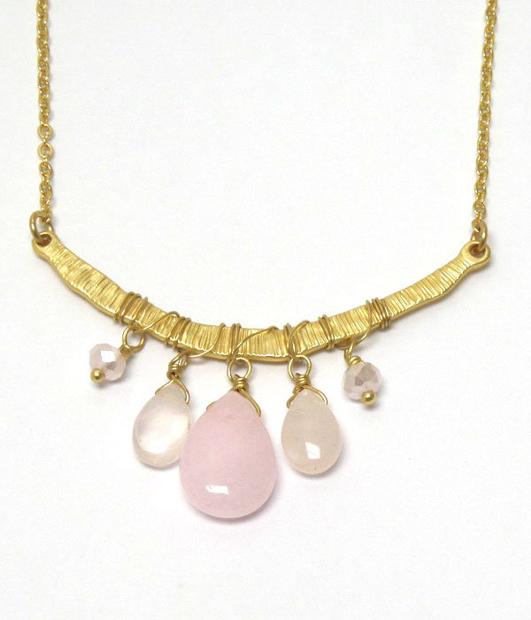 Genuine semi precious stone thin metal five stone necklace - rose quartz