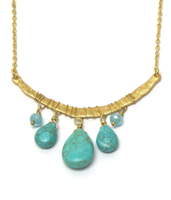 Genuine semi precious stone thin metal five stone necklace - turquoise