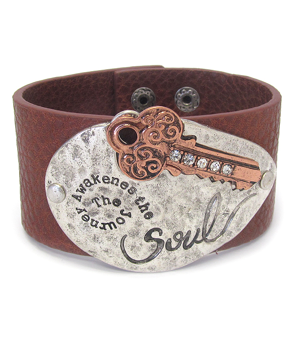 Inspiration message leather bracelet - journey awakenes the soul