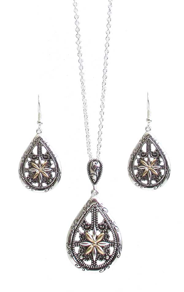 TEXTURED METAL TEARDROP PENDANT NECKLACE SET