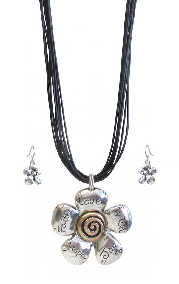 Religious inspiration flower pendant cord necklace set - love faith hope joy wish