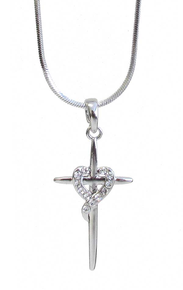 WHITEGOLD PLATING CRYSTAL HEART AND CROSS PENDANT NECKLACE