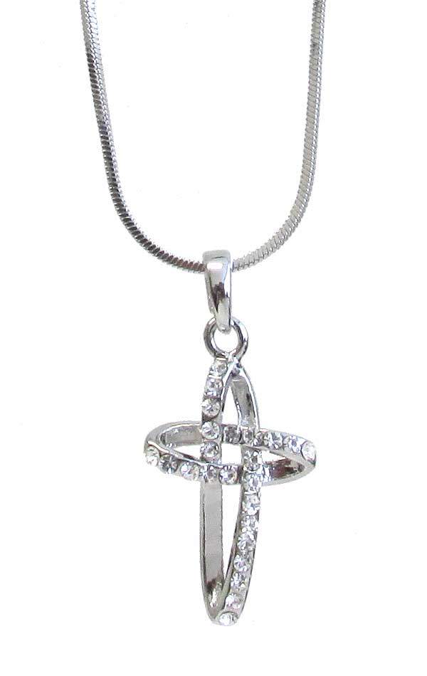 MADE IN KOREA WHITEGOLD PLATING CRYSTAL CROSS PENDANT NECKLACE