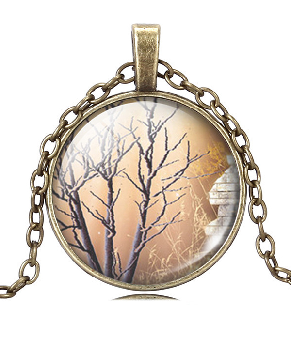 Antique bronze life of tree cabochon necklace