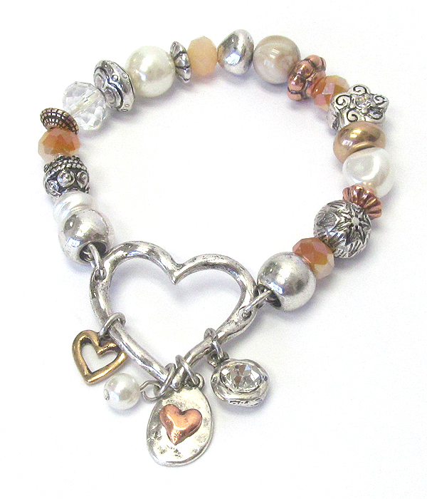 Mixed multi charm stretch bracelet - heart