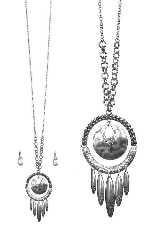 Braided textured metal hoop pendant long necklace set